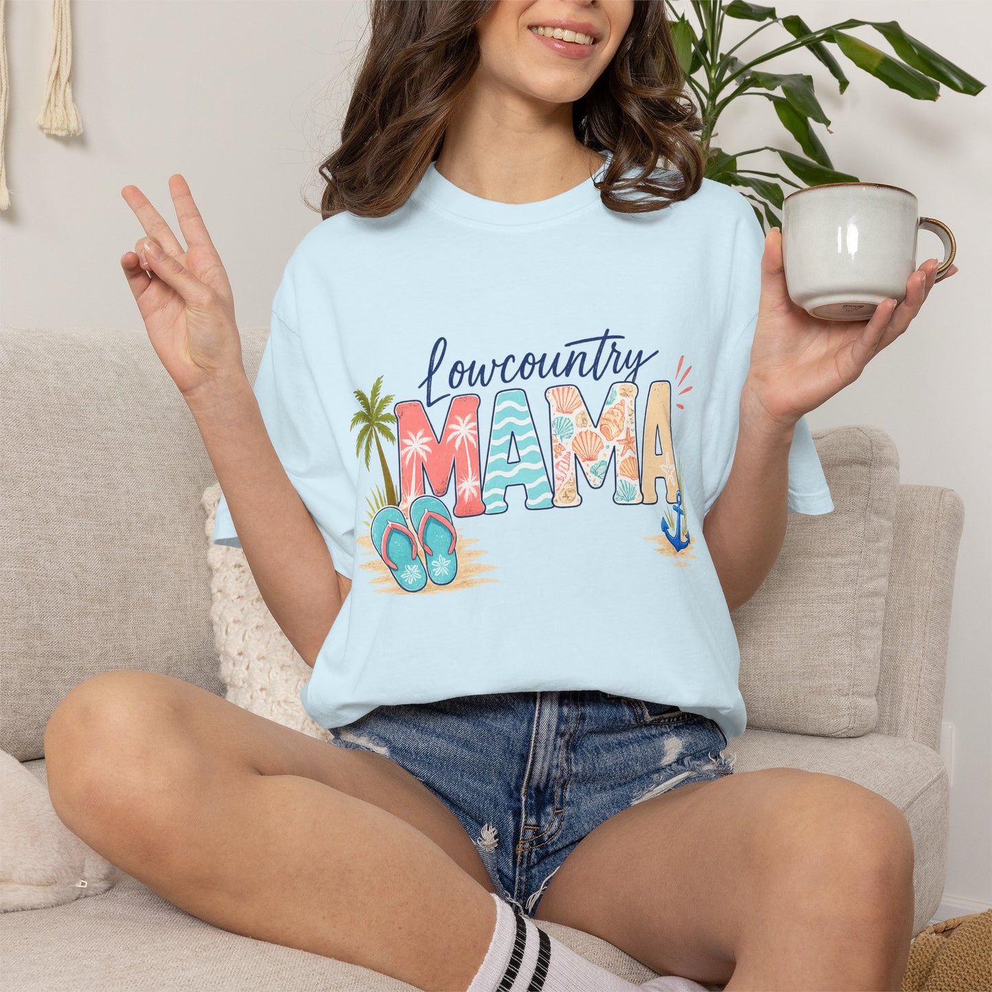 Lowcountry Mama T-Shirt — Beachy Mom Tee with Sandals & Palms