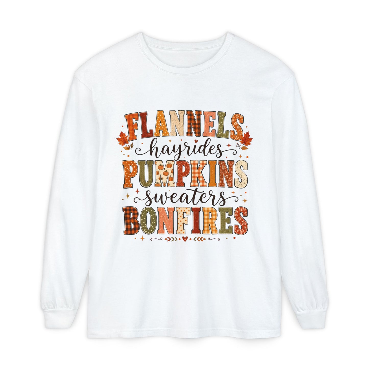 Fall Vibes Long Sleeve Top — "Flannels Hayrides Pumpkins Sweaters Bonfires"