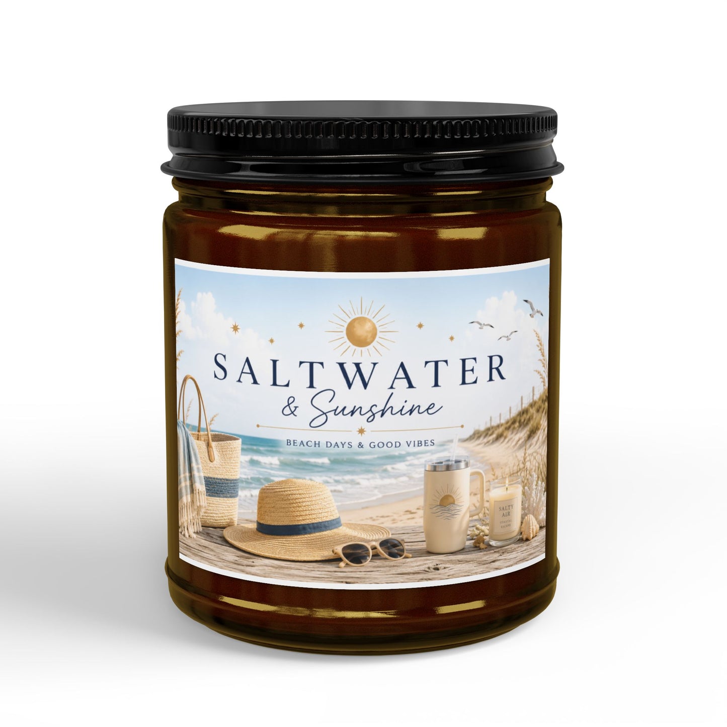 Saltwater & Sunshine Soy Candle — Beach Scented Jar (4 oz & 9 oz)