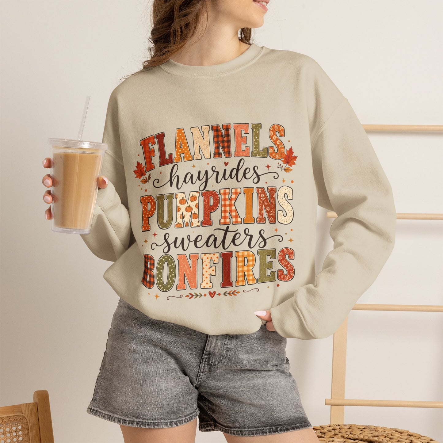 Fall Vibes Sweatshirt — "Flannels, Hayrides, Pumpkins, Sweaters, Bonfires" Cozy Autumn Crewneck