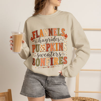 Fall Vibes Sweatshirt — "Flannels, Hayrides, Pumpkins, Sweaters, Bonfires" Cozy Autumn Crewneck