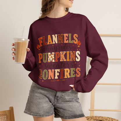 Fall Vibes Sweatshirt — "Flannels, Hayrides, Pumpkins, Sweaters, Bonfires" Cozy Autumn Crewneck