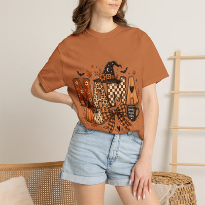 Mama Halloween T‑Shirt — Pumpkin, Witch Hat & Coffee Fall Graphic Tee