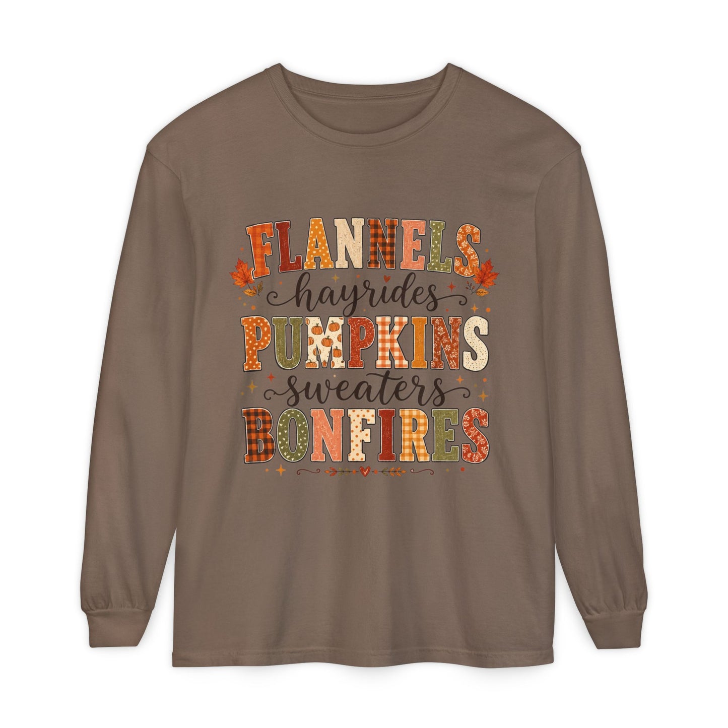 Fall Vibes Long Sleeve Top — "Flannels Hayrides Pumpkins Sweaters Bonfires"