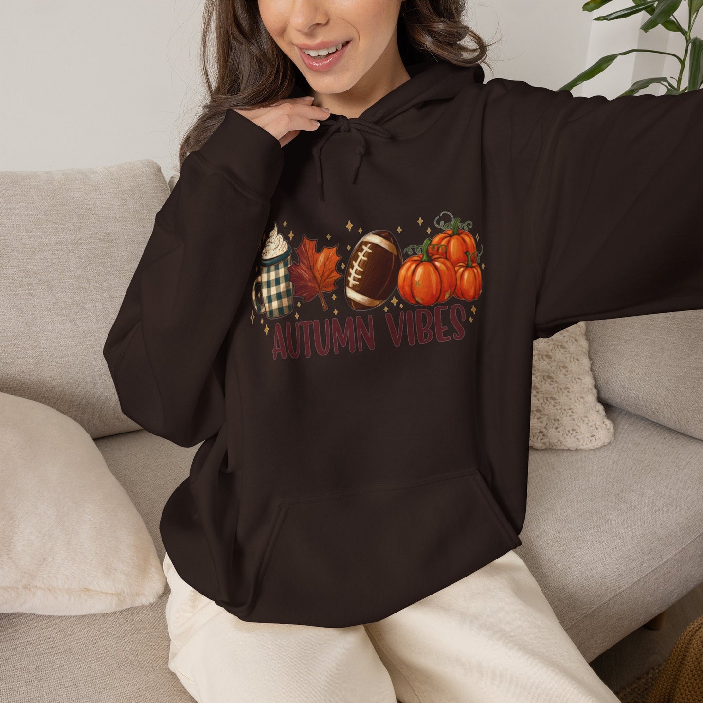 Autumn Vibes Hoodie — Cozy Fall Pumpkin & Plaid Graphic Sweatshirt