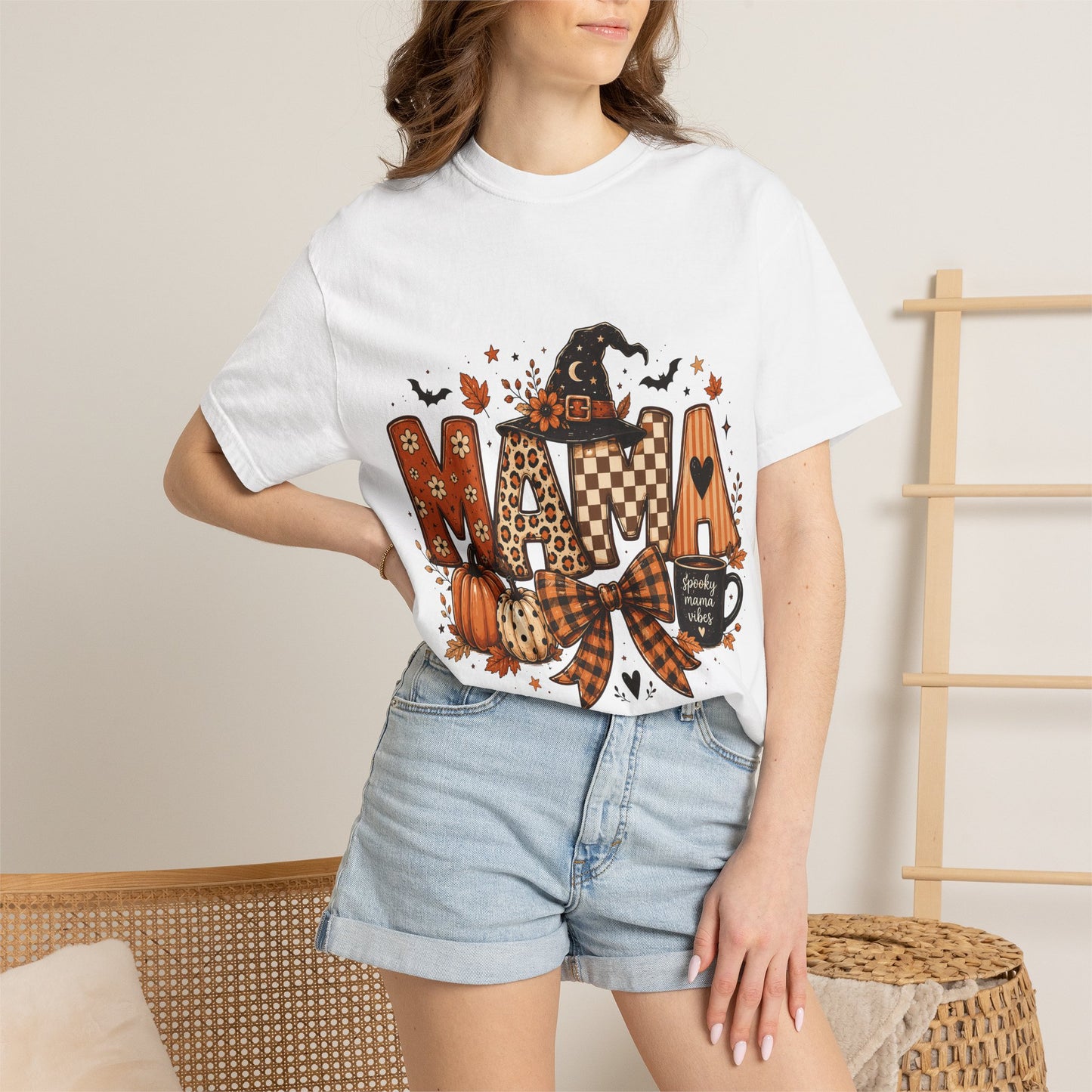 Mama Halloween T‑Shirt — Pumpkin, Witch Hat & Coffee Fall Graphic Tee