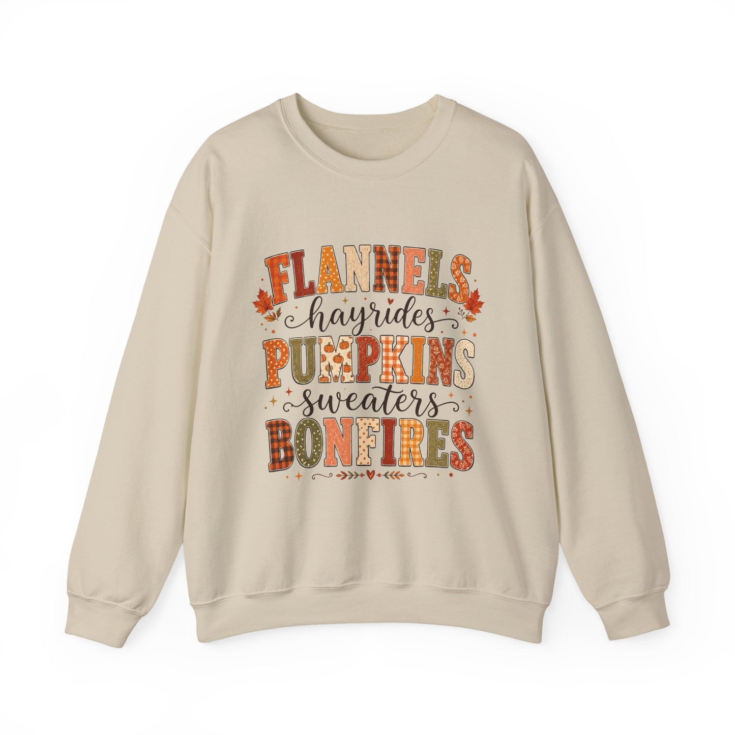 Fall Vibes Sweatshirt — "Flannels, Hayrides, Pumpkins, Sweaters, Bonfires" Cozy Autumn Crewneck