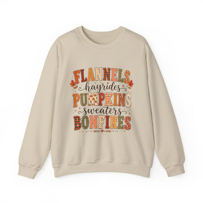 Fall Vibes Sweatshirt — "Flannels, Hayrides, Pumpkins, Sweaters, Bonfires" Cozy Autumn Crewneck