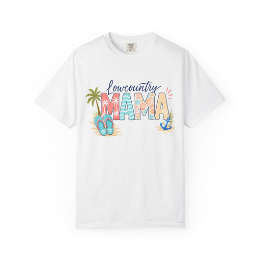 Lowcountry Mama T-Shirt — Beachy Mom Tee with Sandals & Palms