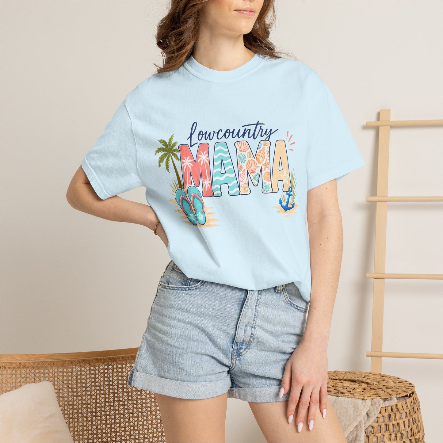 Lowcountry Mama T-Shirt — Beachy Mom Tee with Sandals & Palms