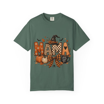 Mama Halloween T‑Shirt — Pumpkin, Witch Hat & Coffee Fall Graphic Tee