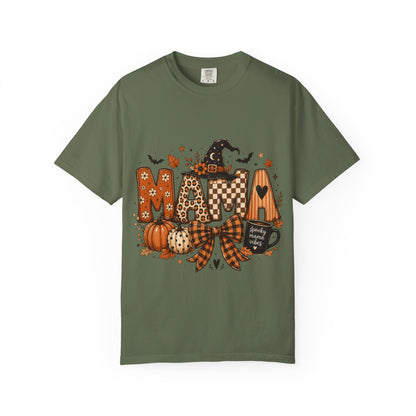 Mama Halloween T‑Shirt — Pumpkin, Witch Hat & Coffee Fall Graphic Tee