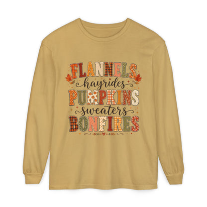Fall Vibes Long Sleeve Top — "Flannels Hayrides Pumpkins Sweaters Bonfires"