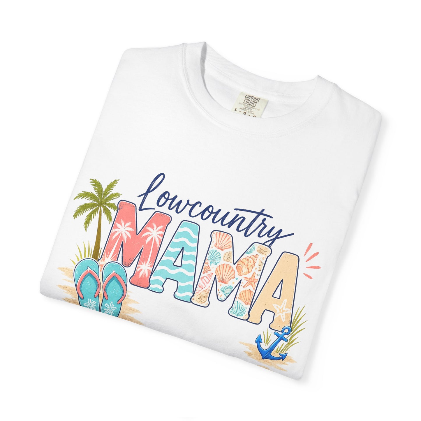 Lowcountry Mama T-Shirt — Beachy Mom Tee with Sandals & Palms