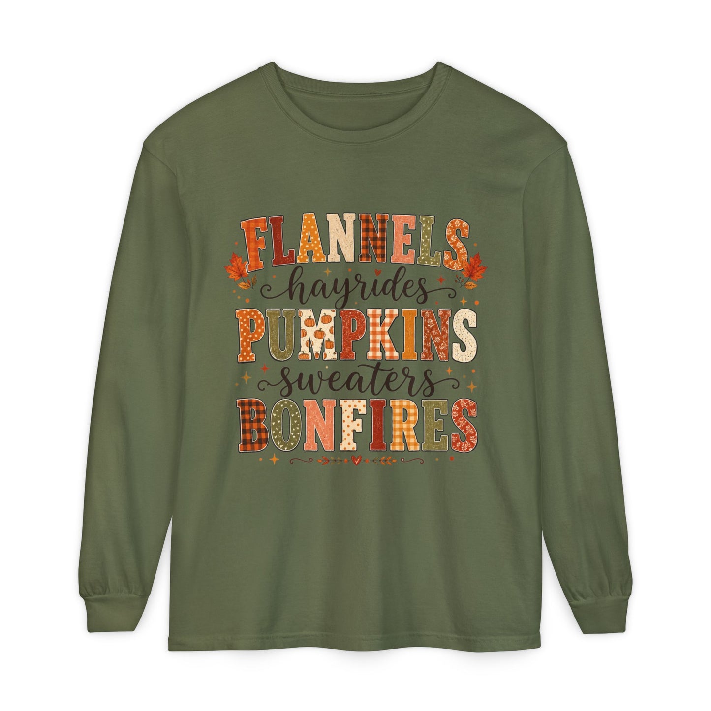 Fall Vibes Long Sleeve Top — "Flannels Hayrides Pumpkins Sweaters Bonfires"