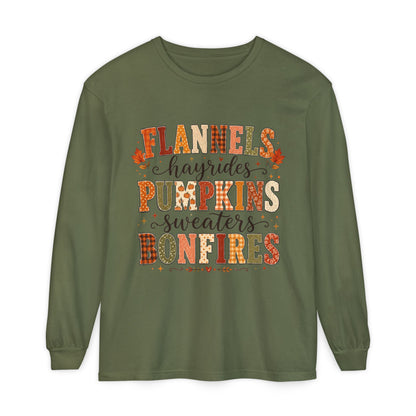 Fall Vibes Long Sleeve Top — "Flannels Hayrides Pumpkins Sweaters Bonfires"