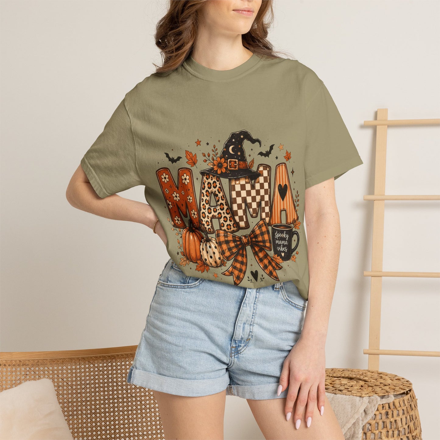 Mama Halloween T‑Shirt — Pumpkin, Witch Hat & Coffee Fall Graphic Tee