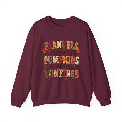 Fall Vibes Sweatshirt — "Flannels, Hayrides, Pumpkins, Sweaters, Bonfires" Cozy Autumn Crewneck