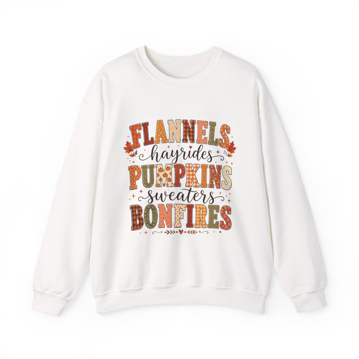 Fall Vibes Sweatshirt — "Flannels, Hayrides, Pumpkins, Sweaters, Bonfires" Cozy Autumn Crewneck