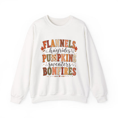 Fall Vibes Sweatshirt — "Flannels, Hayrides, Pumpkins, Sweaters, Bonfires" Cozy Autumn Crewneck