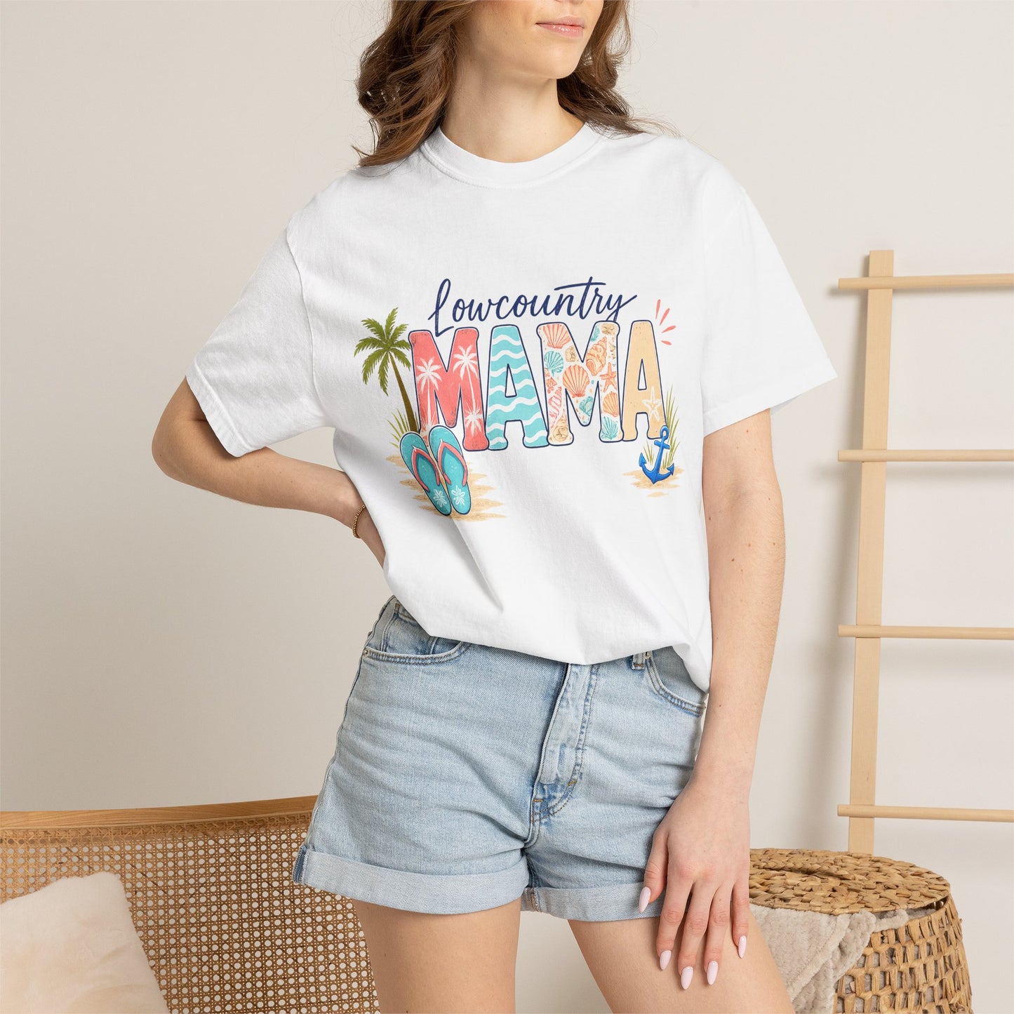 Lowcountry Mama T-Shirt — Beachy Mom Tee with Sandals & Palms