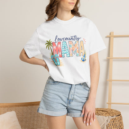 Lowcountry Mama T-Shirt — Beachy Mom Tee with Sandals & Palms