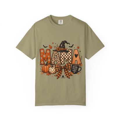 Mama Halloween T‑Shirt — Pumpkin, Witch Hat & Coffee Fall Graphic Tee