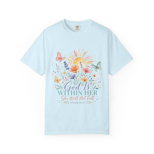 God Is Within Her Floral T-Shirt — Psalm 46:5 Inspirational Christian Tee