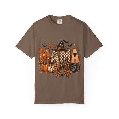 Mama Halloween T‑Shirt — Pumpkin, Witch Hat & Coffee Fall Graphic Tee