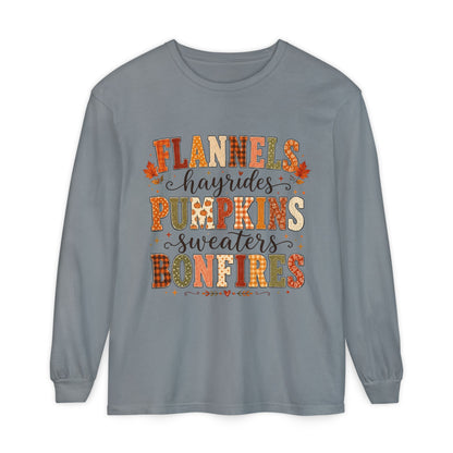 Fall Vibes Long Sleeve Top — "Flannels Hayrides Pumpkins Sweaters Bonfires"