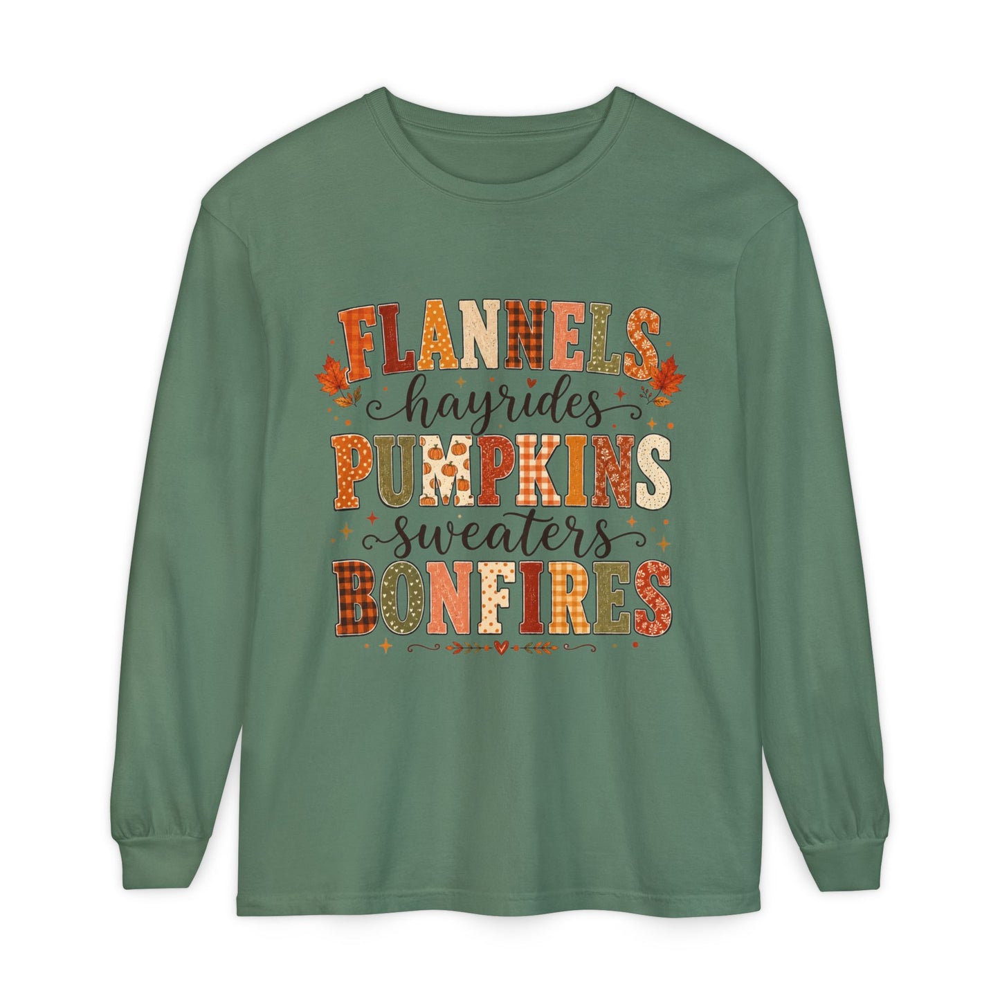 Fall Vibes Long Sleeve Top — "Flannels Hayrides Pumpkins Sweaters Bonfires"