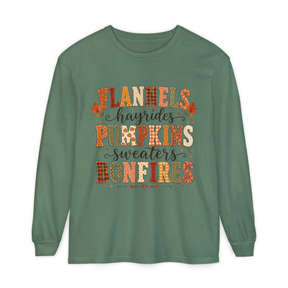 Fall Vibes Long Sleeve Top — "Flannels Hayrides Pumpkins Sweaters Bonfires"