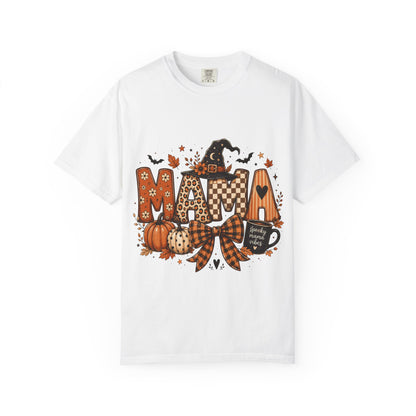 Mama Halloween T‑Shirt — Pumpkin, Witch Hat & Coffee Fall Graphic Tee