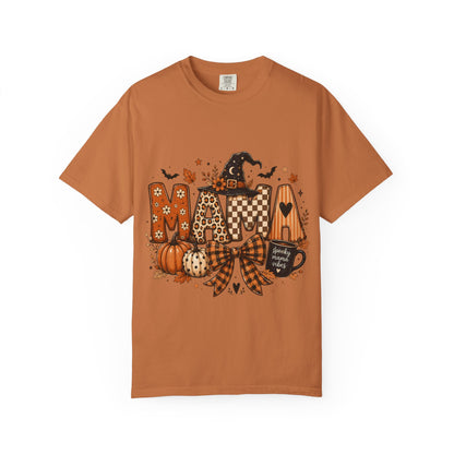 Mama Halloween T‑Shirt — Pumpkin, Witch Hat & Coffee Fall Graphic Tee
