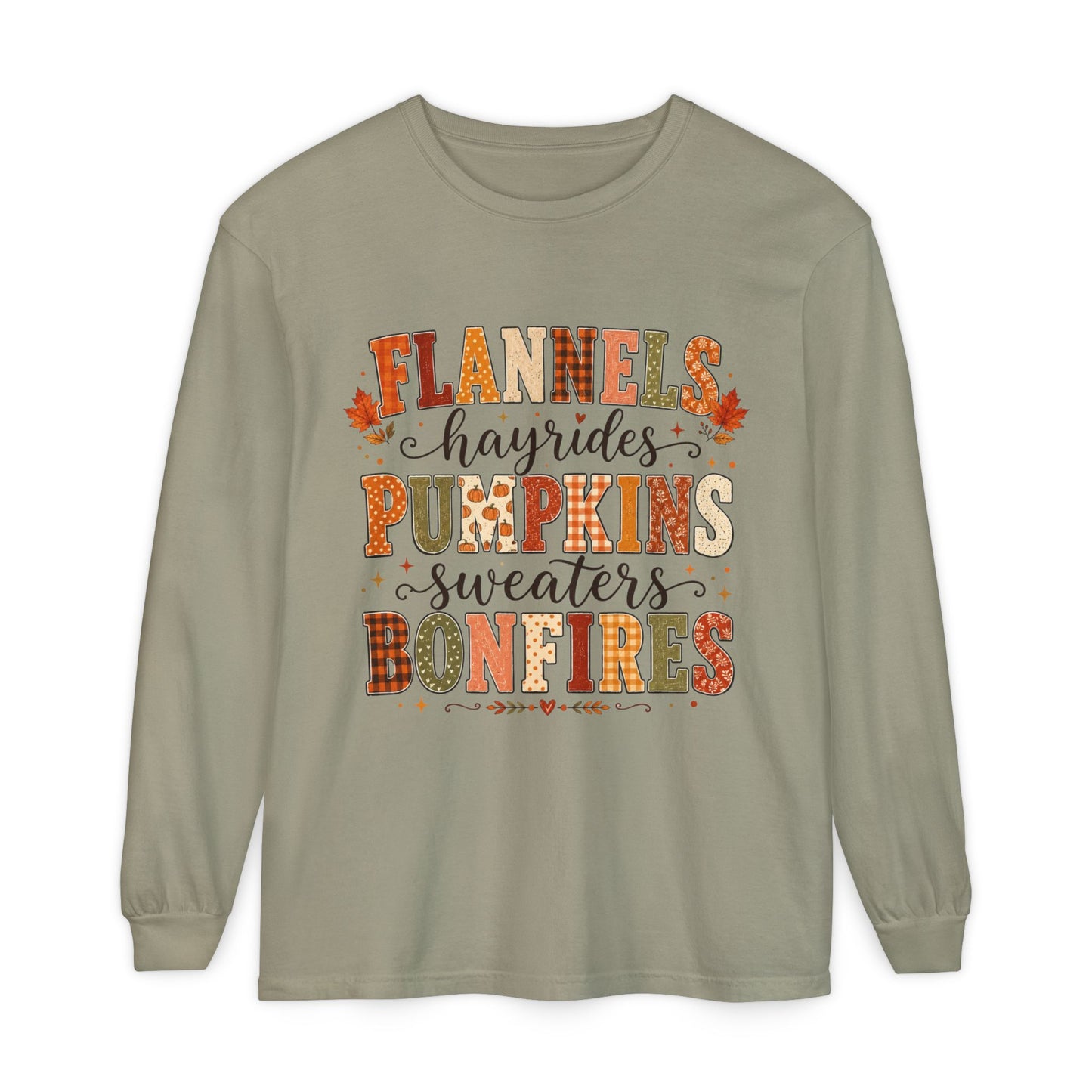 Fall Vibes Long Sleeve Top — "Flannels Hayrides Pumpkins Sweaters Bonfires"