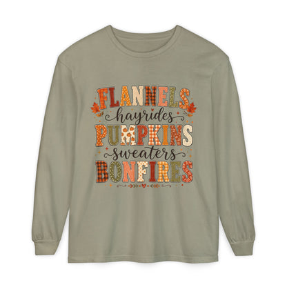 Fall Vibes Long Sleeve Top — "Flannels Hayrides Pumpkins Sweaters Bonfires"