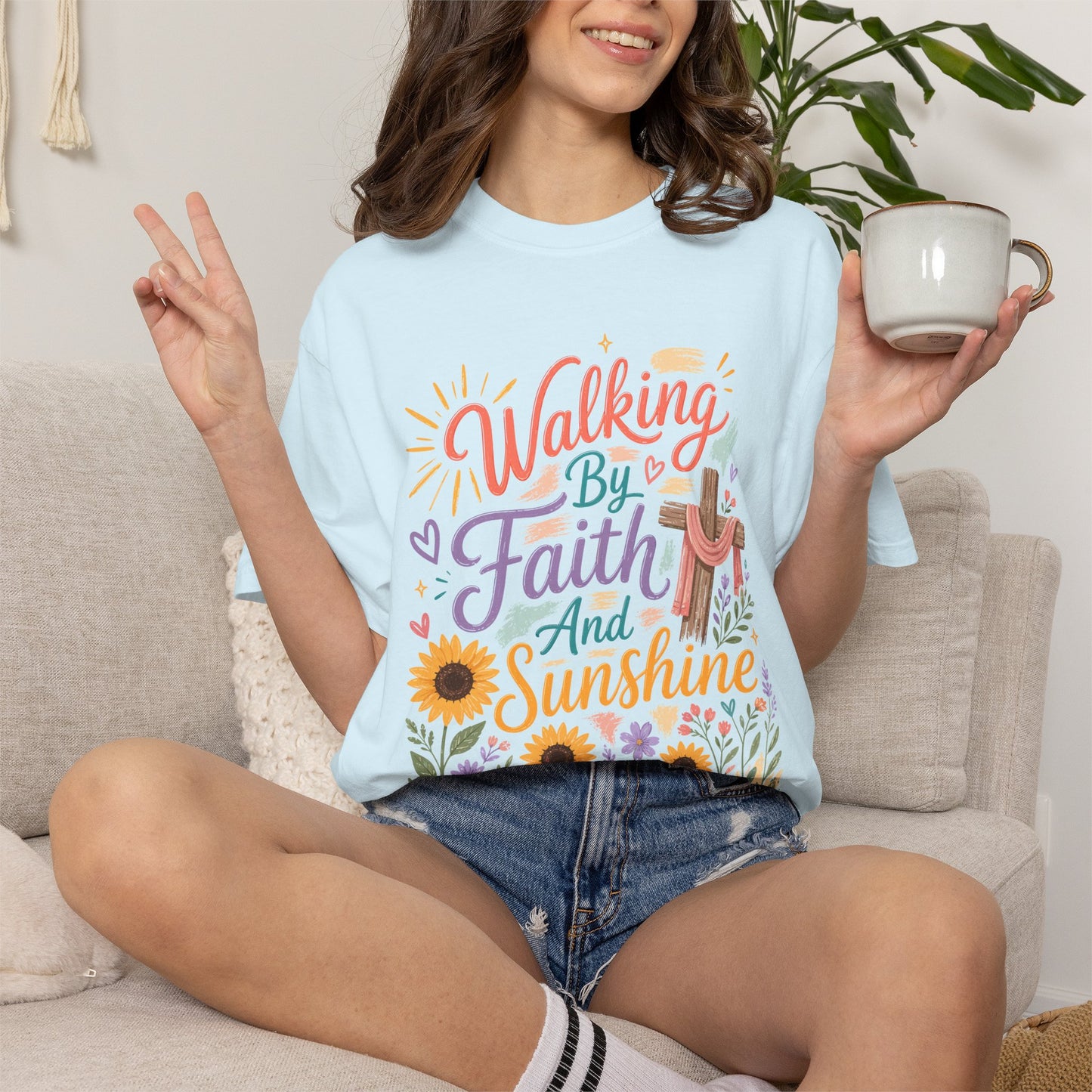 Faith & Sunshine T-Shirt — "Walking By Faith And Sunshine" Floral Christian Tee