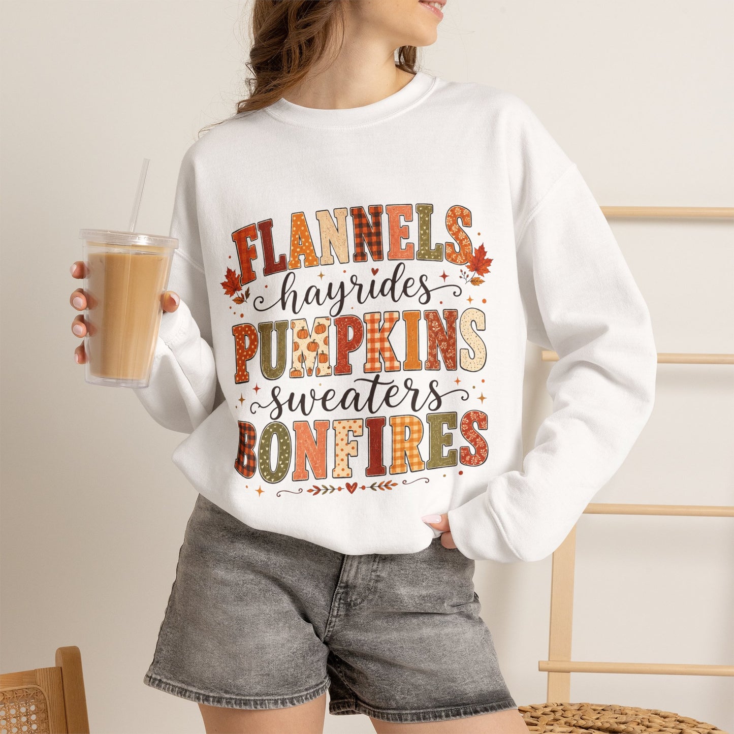 Fall Vibes Sweatshirt — "Flannels, Hayrides, Pumpkins, Sweaters, Bonfires" Cozy Autumn Crewneck
